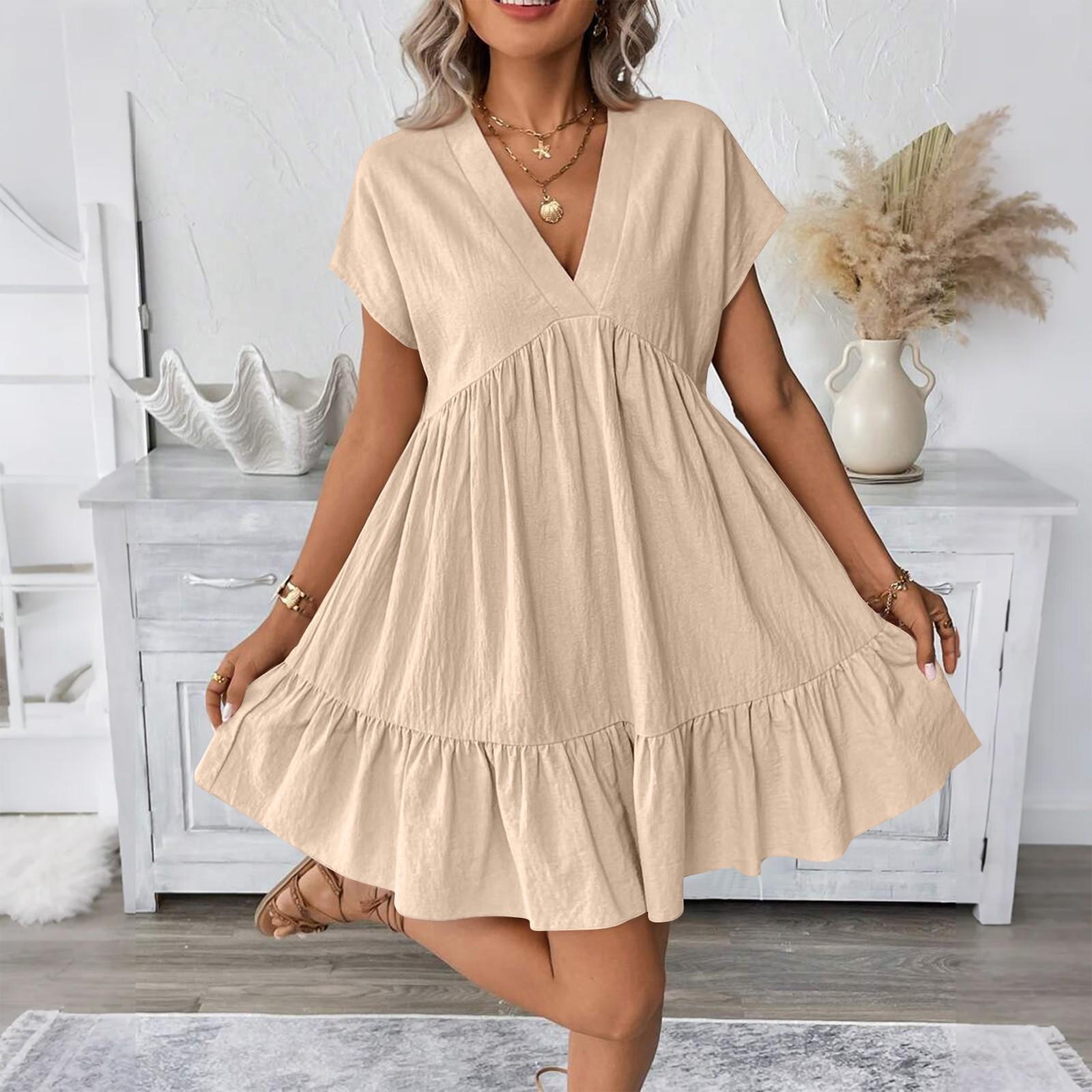

Women s Fashion Casual Slim Covered Sleeve V-Neck Pleated Ruffle Dresses L бежевий