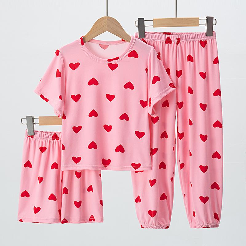 3pcs Summer Children's Printing Short-sleeved Shorts 9 Pants Suit Boys and Girls Comfortable Pajamas Can Be Worn Outside