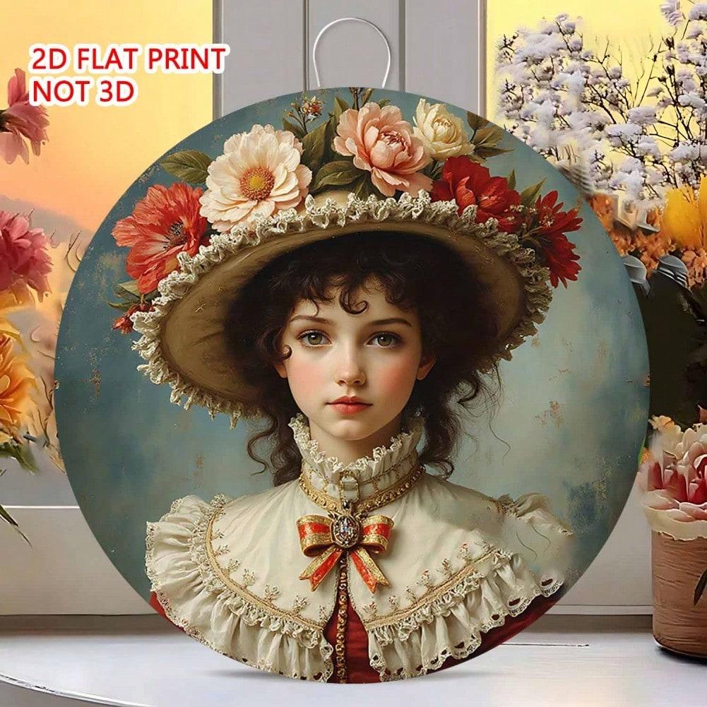 Vintage Victorian Lady Metal Wall Art Round 8x8 Inch Floral Hat Lace Collar Retro Tin Sign Home Cafe Office Decoration