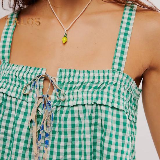 Sexy Weste für Damen, kariertes Sling-Top mit Schnürdetail, lockere Passform, kurze Tanktops, verstellbare Brustdekoration