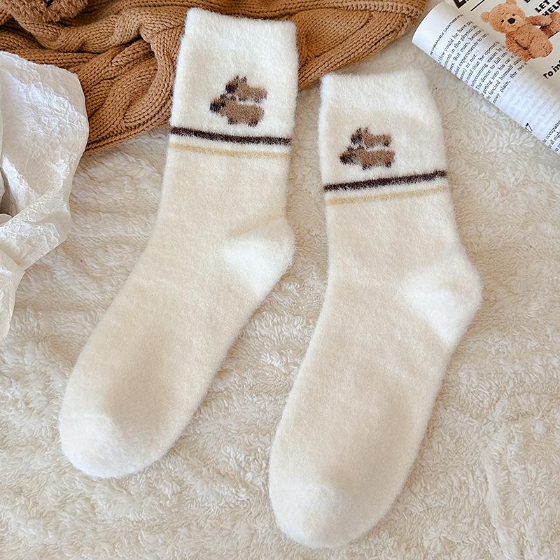 Australian Velvet Socks Medium Tube Socks Season Warm Velvet Thickened Embroidery Cute Cartoon Striped Home Sleep Socks