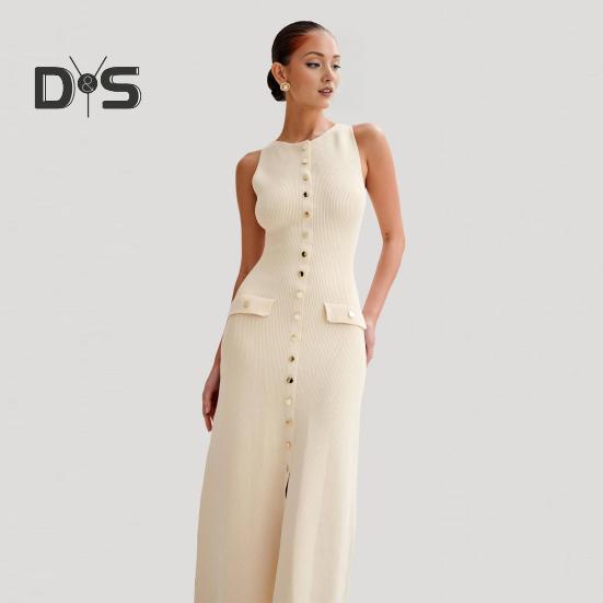 Letní dámské šaty Pletené pouzdro Slim Fit Jednobarevné Kulatý výstřih Elastické Bez rukávů Jednořadové knoflíky Délka do půli lýtek Midi šaty