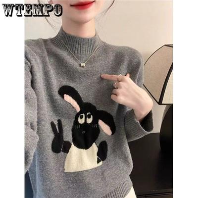 Half High Collar Cartoon Women's Knitted Sweater Autumn and Winter Loose and Versatile Soft Knitted Sweater