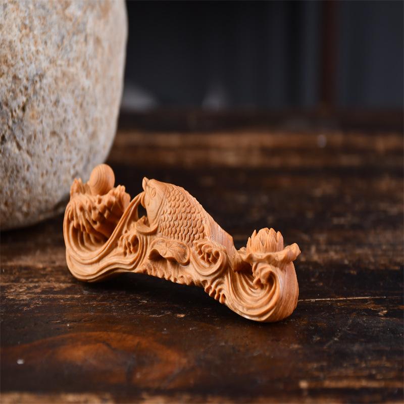 Solid Wood Carving Ruyi Fish Sculptures and Figurines Lucky Small Animals Cute Home Room Office Table Decoration and Accessories
