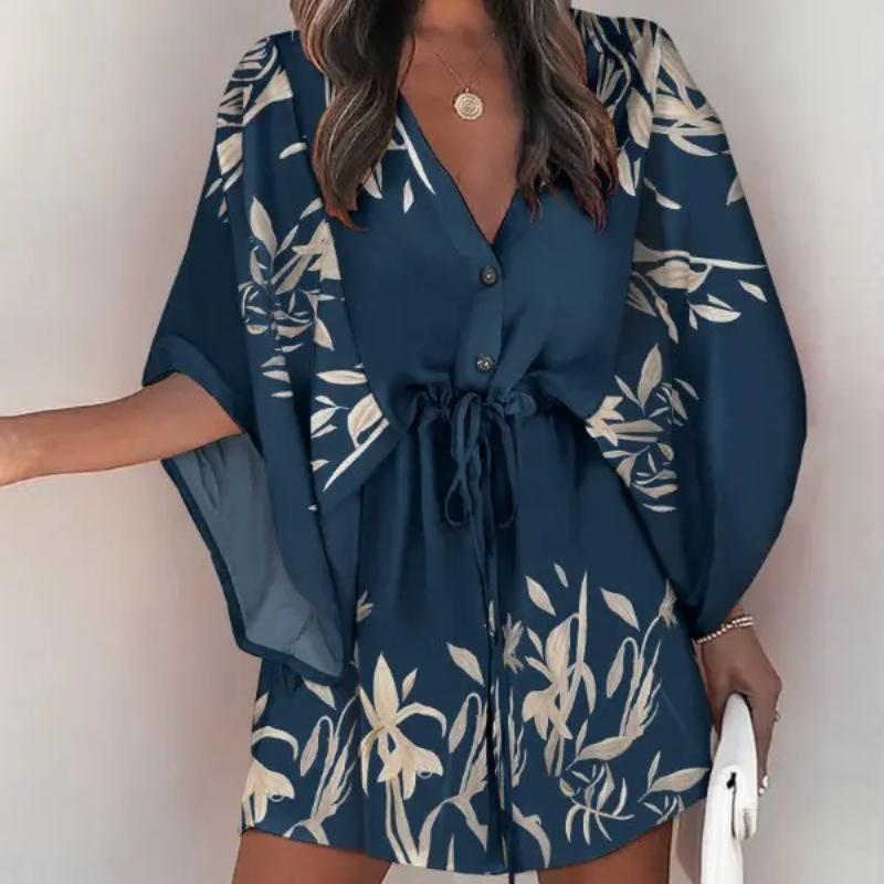 Damen Sommer V-Ausschnitt Bindeband Lässige Urlaubs Kleider