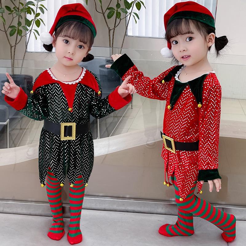 Christmas Costume Children Elf Green Red Sequin Dress Christmas Theme Photo Baby Costume
