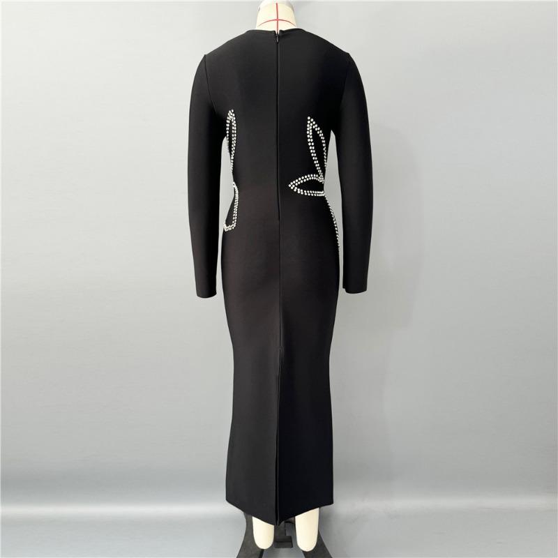New Slim-fit Bandage Skirt Knitted High-elastic Long-sleeved Dress Waist-side Drill Long Dress Evening Dress Dress