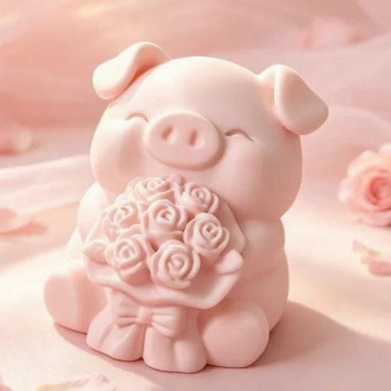 Three Dimensional Pig Figurine 3D Printed with Flower Bouquet, Cute Piglet Desktop Home Office Table Decor Ornament, Creative And Statue for