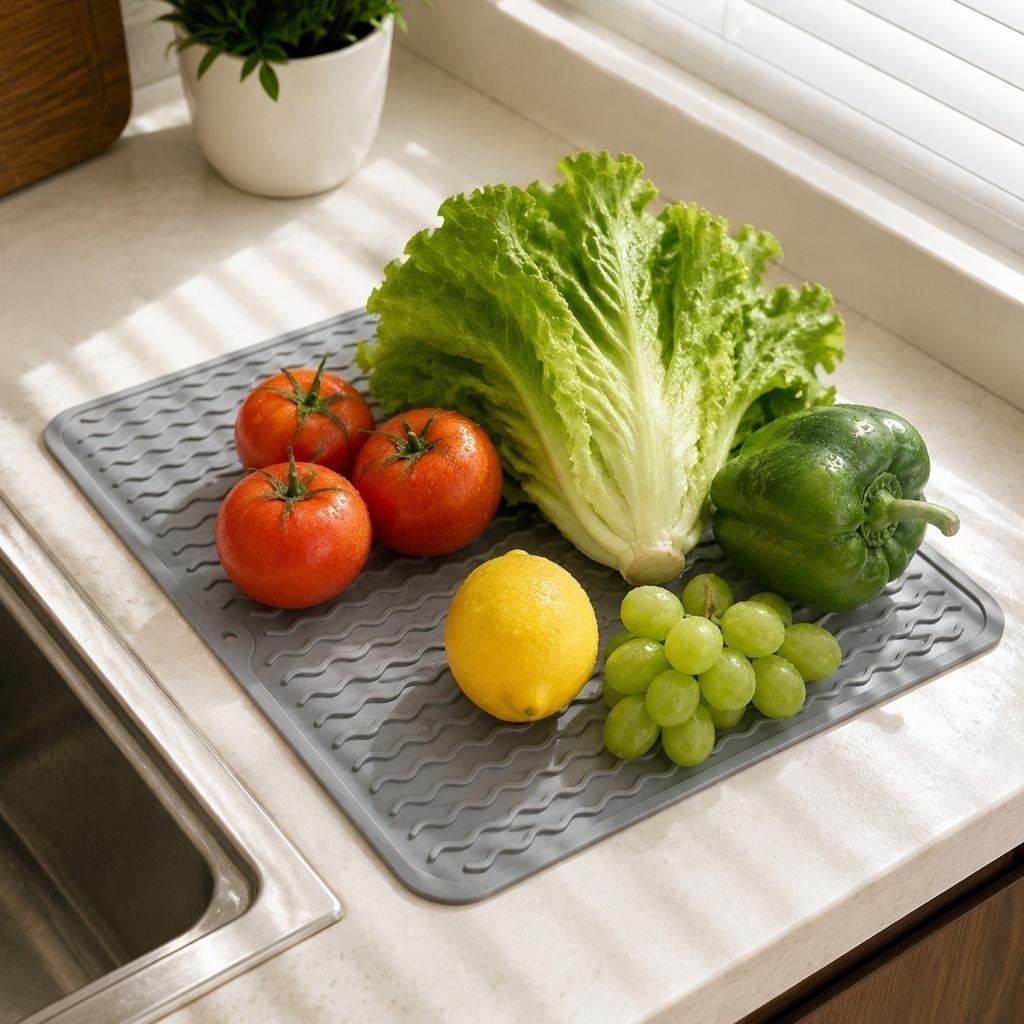 Silicone Dish Drying Mat Medium Size Flexible Non-Slip Water Draining Mat with Wave Pattern for Kitchen Sink Countertop Use