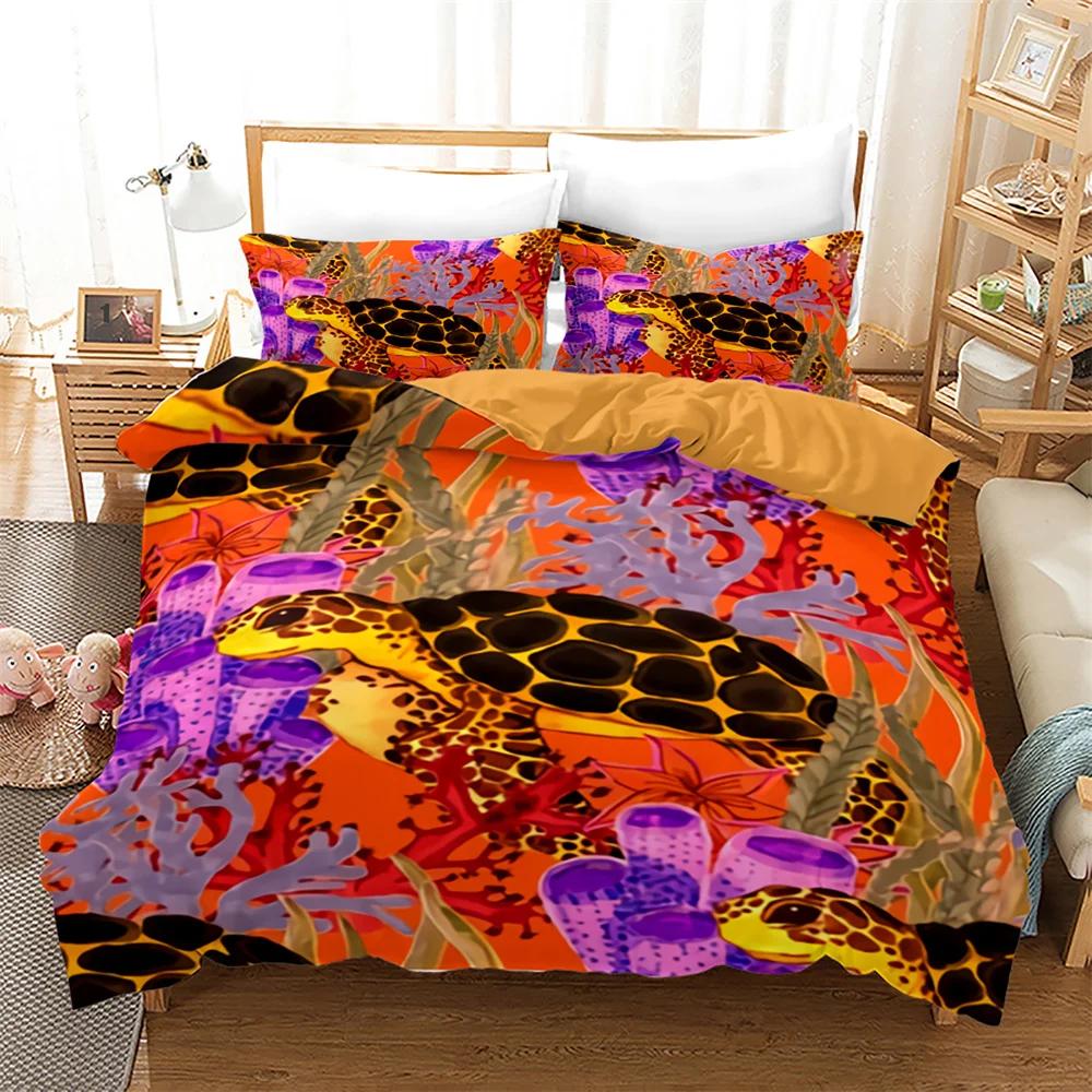 Sea Turtle Duvet Cover for Children Boys Girls Adult Black Gold Tortoise Reptile Theme for Bedroom Decorations Queen King Size