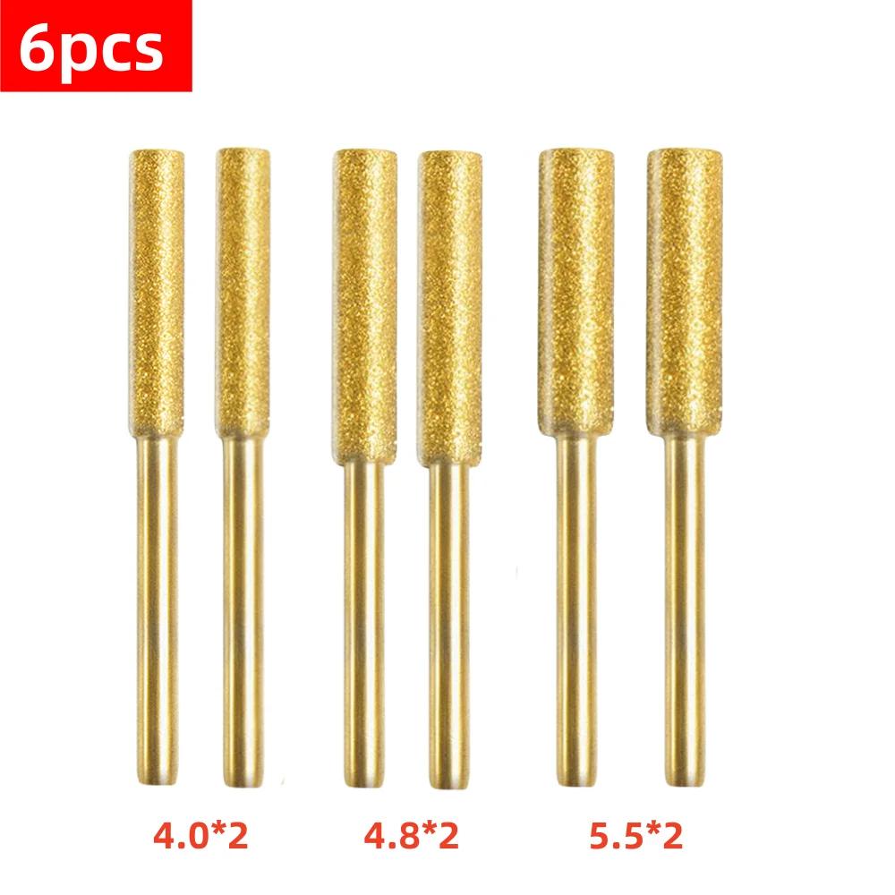 6pcs Diamond Coated Cylindrical Burr 4/4.8/5.5mm Chainsaw Sharpener Stone File Chain Sharpening Carving Grinding Tools Kits