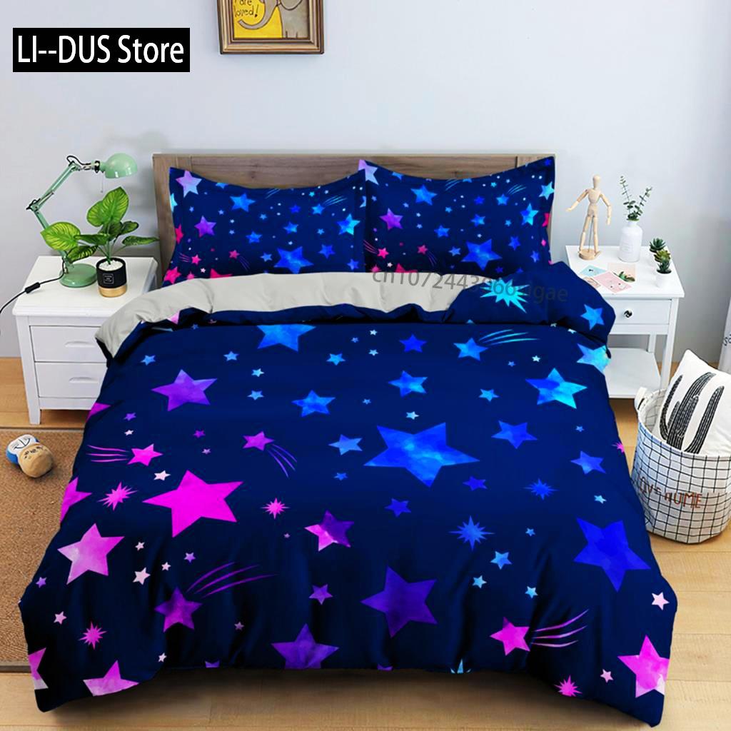 Juego de Funda Nórdica de Estrellas Coloridas Microfibra Estrellas Amarillas Rosas Juego de Cama Suave Tamaño Individual King Queen Twin 2/3 piezas Funda de Edredón