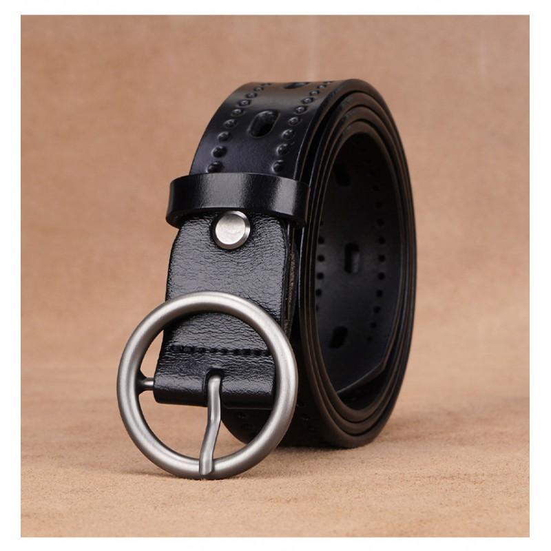 Womens Black Genuine Leather Belt With Hollow Detail Slim Waist Design No-Punch Hole Adjustable Length Jeans Dresses