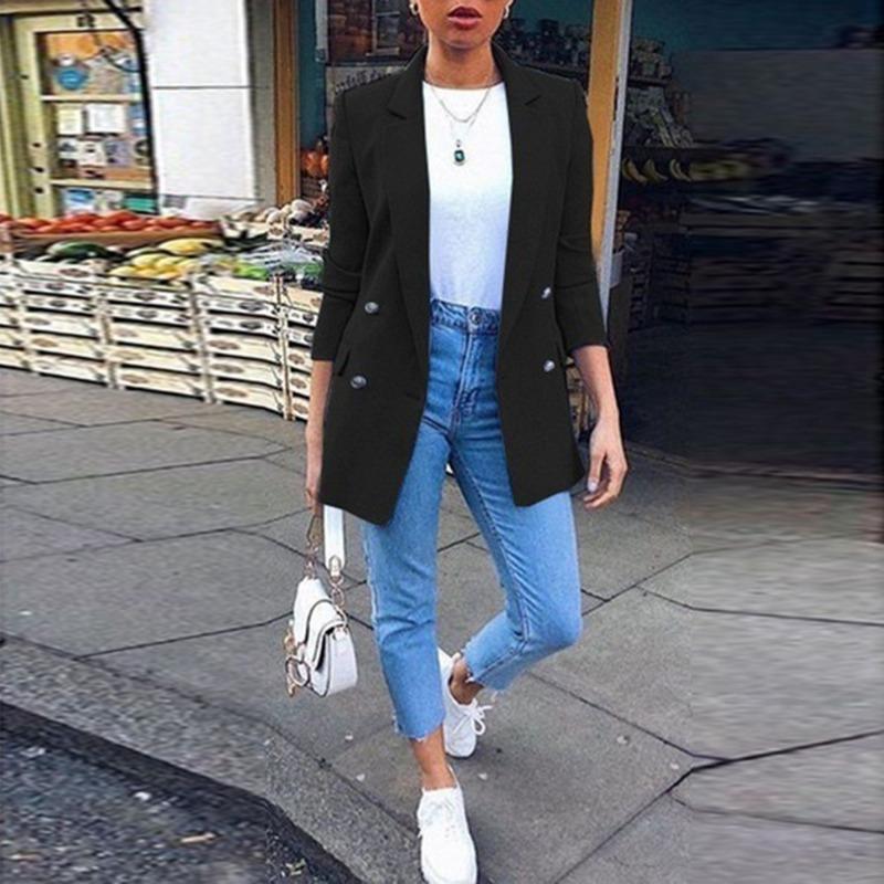Women S Solid Color Lapel Blazer Coat Straight Fit Short Length Casual Outerwear