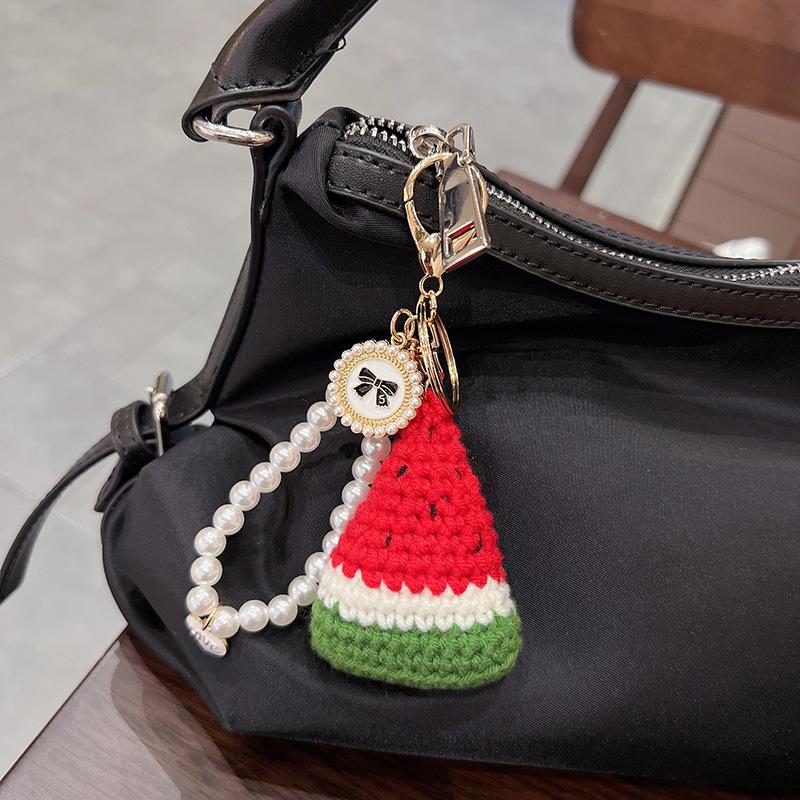 Handmade Crochet Flower Keychain Set, Colorful Knit Flower Bag Charm with Pearl Strap,Crochet Flower Keychain, Pearl Strap Charm