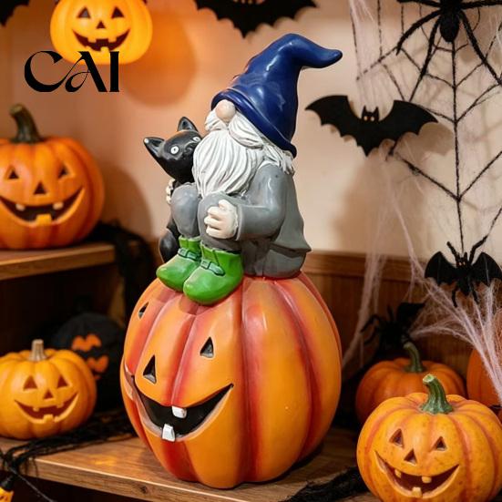 Halloween Gnome Decorations Outdoor Garden Statue, Resin On Pumpkin Figurine with Hand Painted Yard Decor Black Cat, Fall Autumn Dwarf Sculpture