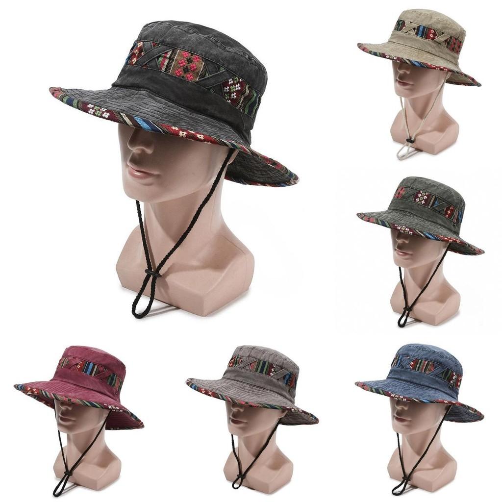Ethnic Style Geometric Pattern Design Neutral Casual Denim Fisherman Hat For Outdoor Sun Protection