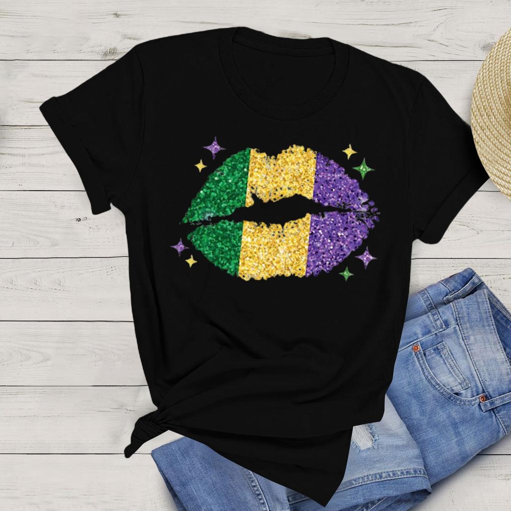 Women's Casual Carnival Print T-Shirt Round Neck Pullover Short Sleeve Top