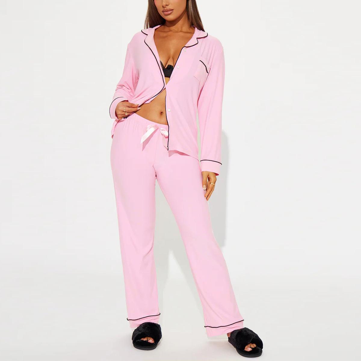 

Women s Pajamas Autumn and Winter Strips Solid Color Basic Long-sleeved Trousers Casual Women s Loungewear Two-piece Set S рожевий