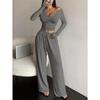 Women Solid Color Two Piece Set Long Sleeve Buttoned Fitted Top Long Pants