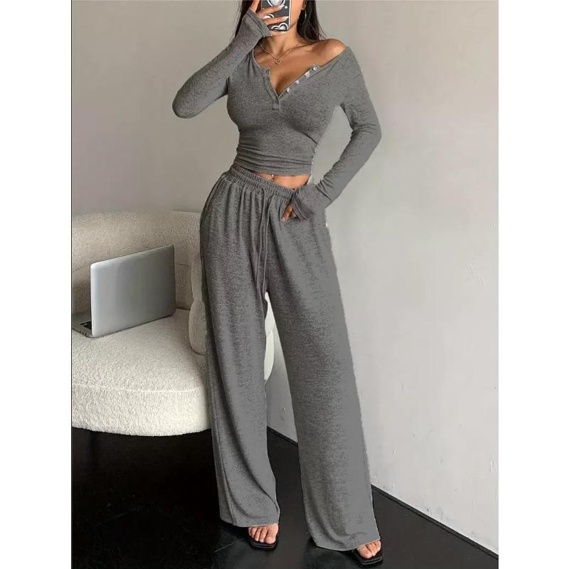 Women Solid Color Two Piece Set Long Sleeve Buttoned Fitted Top Long Pants