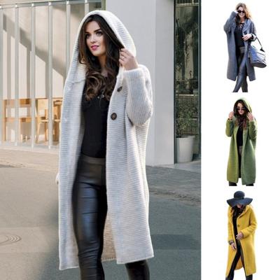 Women Knitting Cardigan Hooded Long Sleeve Solid Color Casual Top Loose Fit Single Breasted Sweater Coat