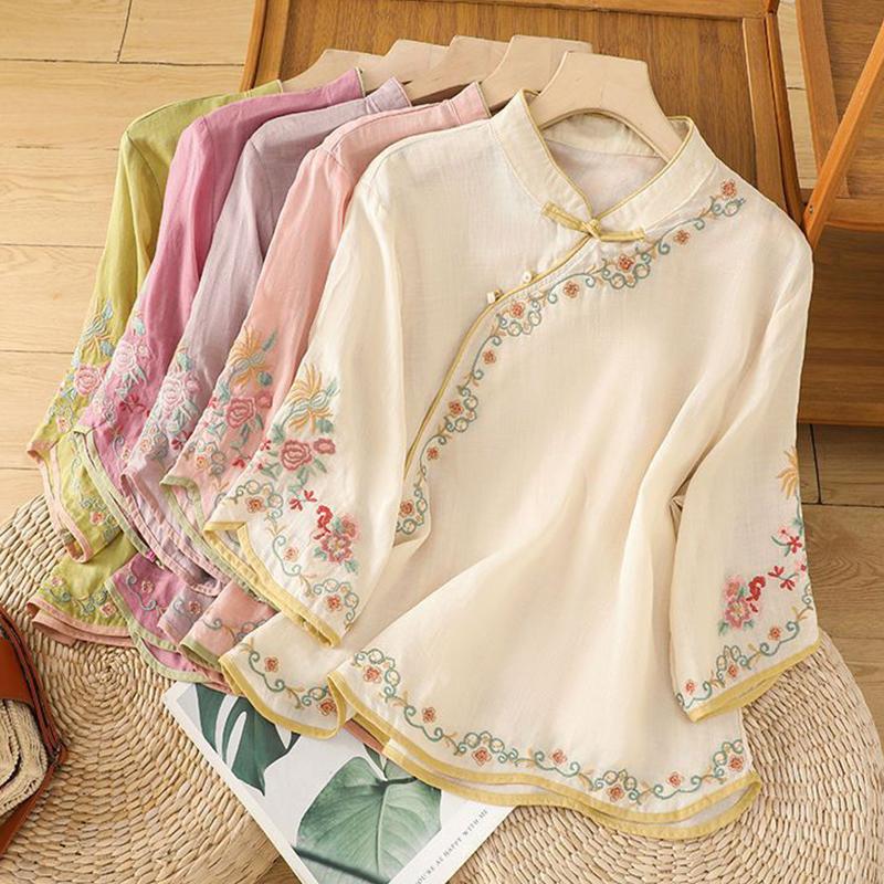 Camicia da Donna Estiva Artistica Vintage Ricamata Sottolinea la Figura Senza Maniche con Bottoni