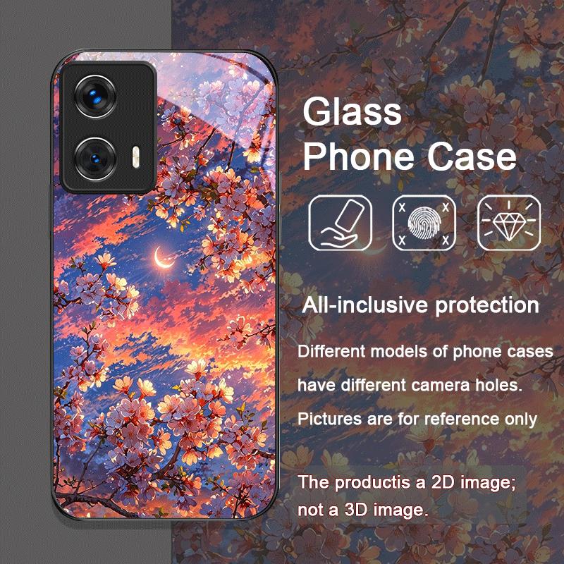 Moon Cherry Blossom Pattern Scenery Tempered Glass Phone Case for Motorola Moto G85 G84 G75 Edge 50 Fusion 40 Neo 30 Pro Covers