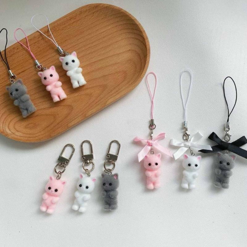 Flocking Cat Pendant Keychain Bows Shaped Key Chain Bowknot Keyring Jewelry Camera Bag Decorations Handmade Gift