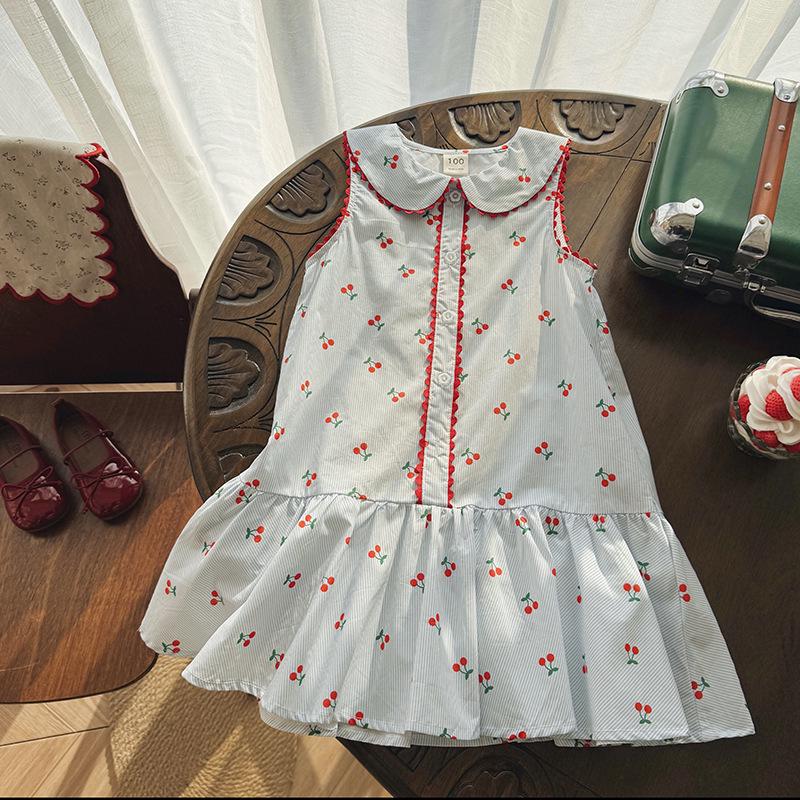 French Cherry Print Dolls Collar Lace Summer Pinafore Dress for Girls