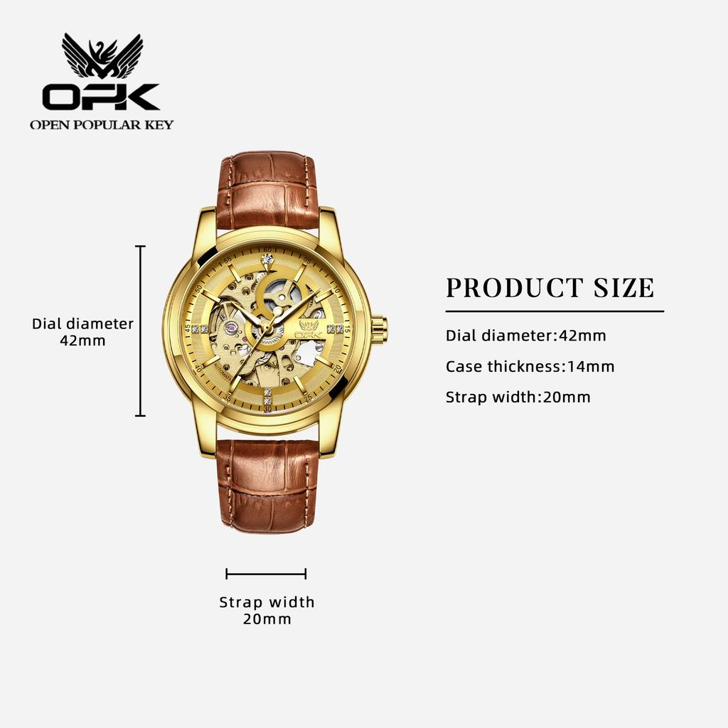 OPK 6101 Skeleton Men's Mechanical Wristwatch Leather Strap Luminous Classic Original Automatic Gold Man Watch