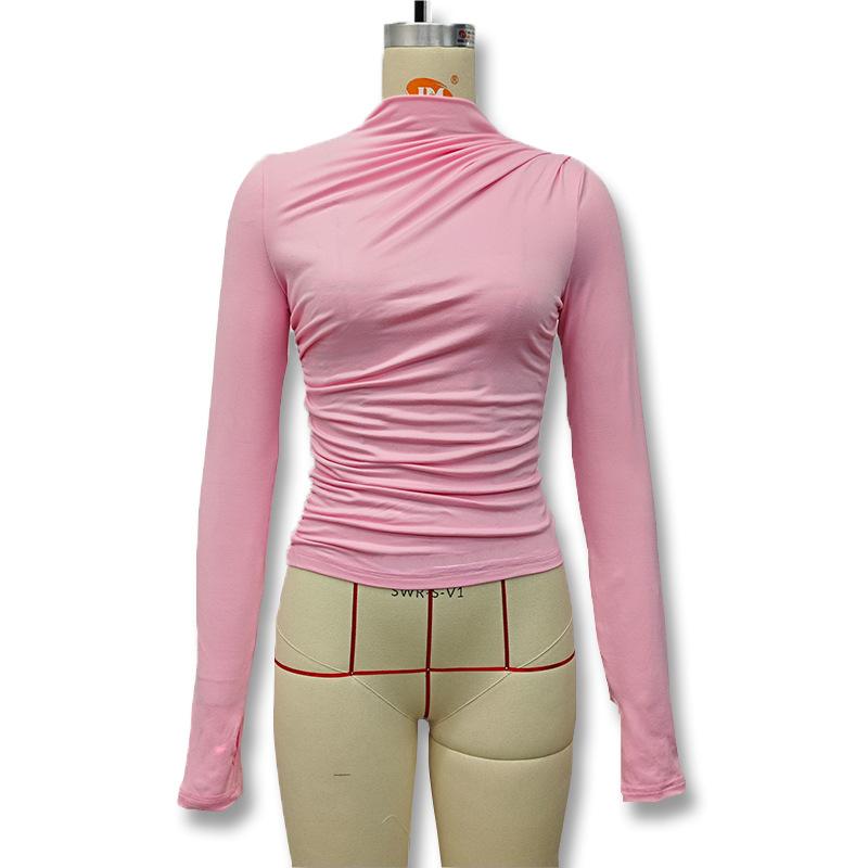 Women's Fall Solid Color Slim-fit Long Sleeve Base Top Sexy Spice Pleated Tight T-shirt