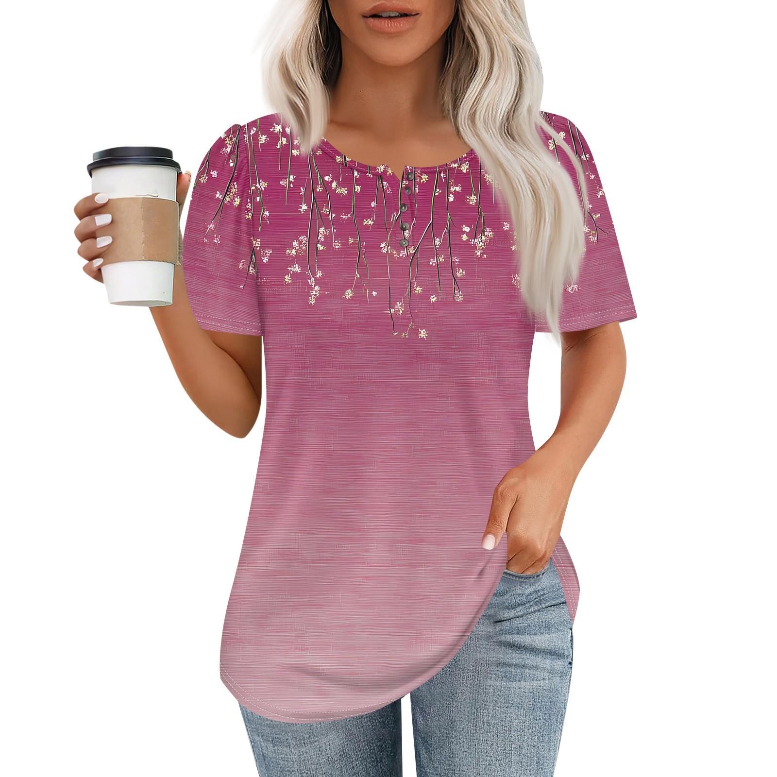 

Женский модный повседневный короткий рукав пуловер с принтом на пуговицах и круглым вырезом M винный