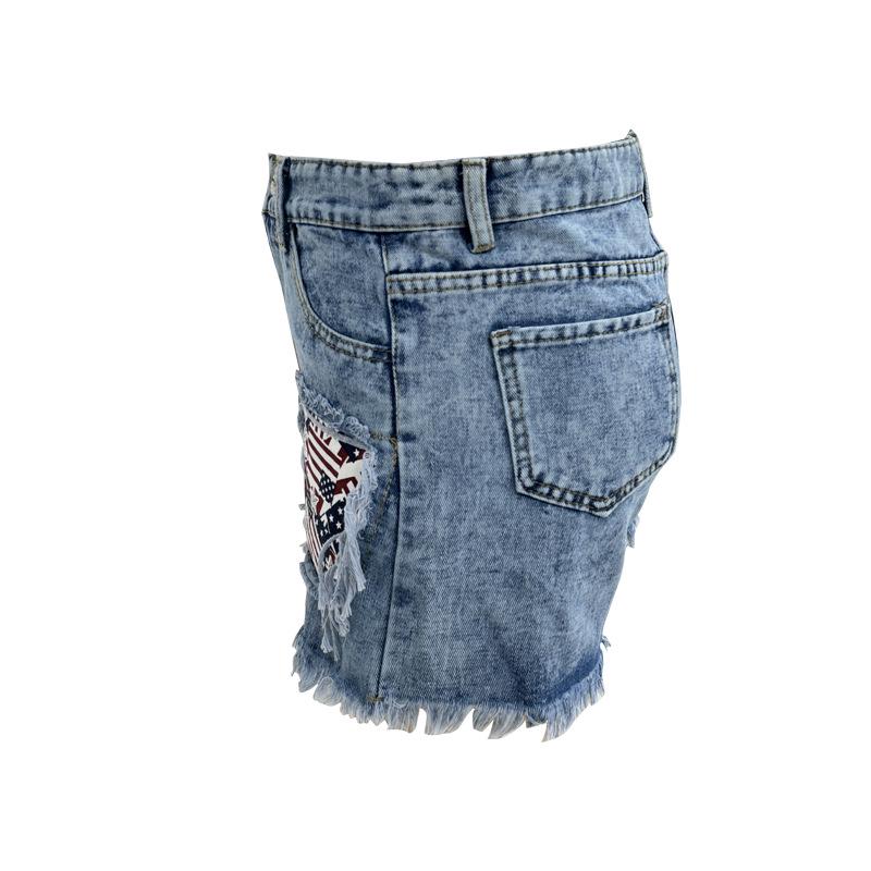 European & American Patchwork Ripped Snowflake Denim Shorts - Women's Slim Fit
