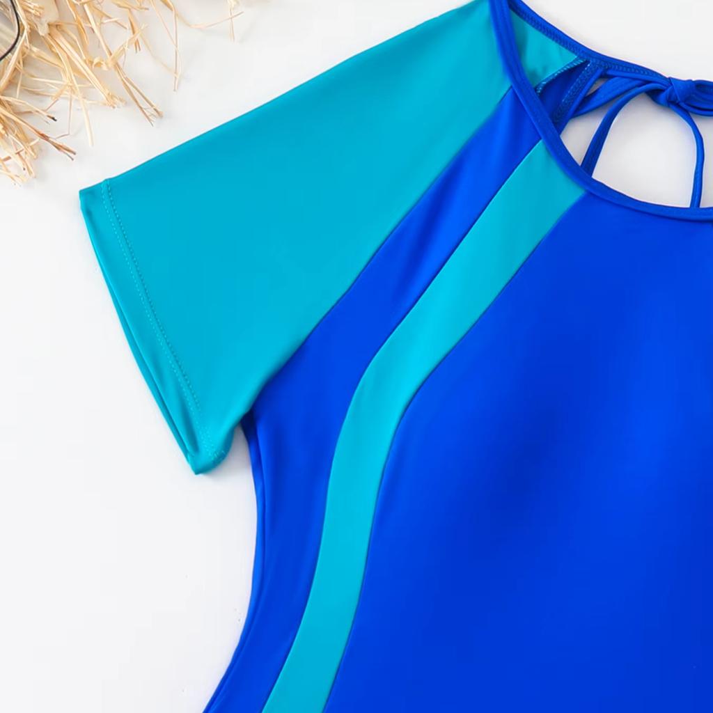 Patchwork Sport Swimwear Women Cut Out Backless One Piece Swimsuit Female Short Sleeve Bathing Suit Beachwear Monokini