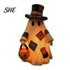 Artigianato Stagionale in Stile Rustico Statuetta Fantasma in Resina Patchwork Illuminata con Lanterna Zucca, Statuette Rustiche Halloween Retro Lampada da Tavolo, Vintage