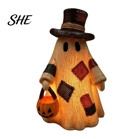 Artigianato Stagionale in Stile Rustico Statuetta Fantasma in Resina Patchwork Illuminata con Lanterna Zucca, Statuette Rustiche Halloween Retro Lampada da Tavolo, Vintage