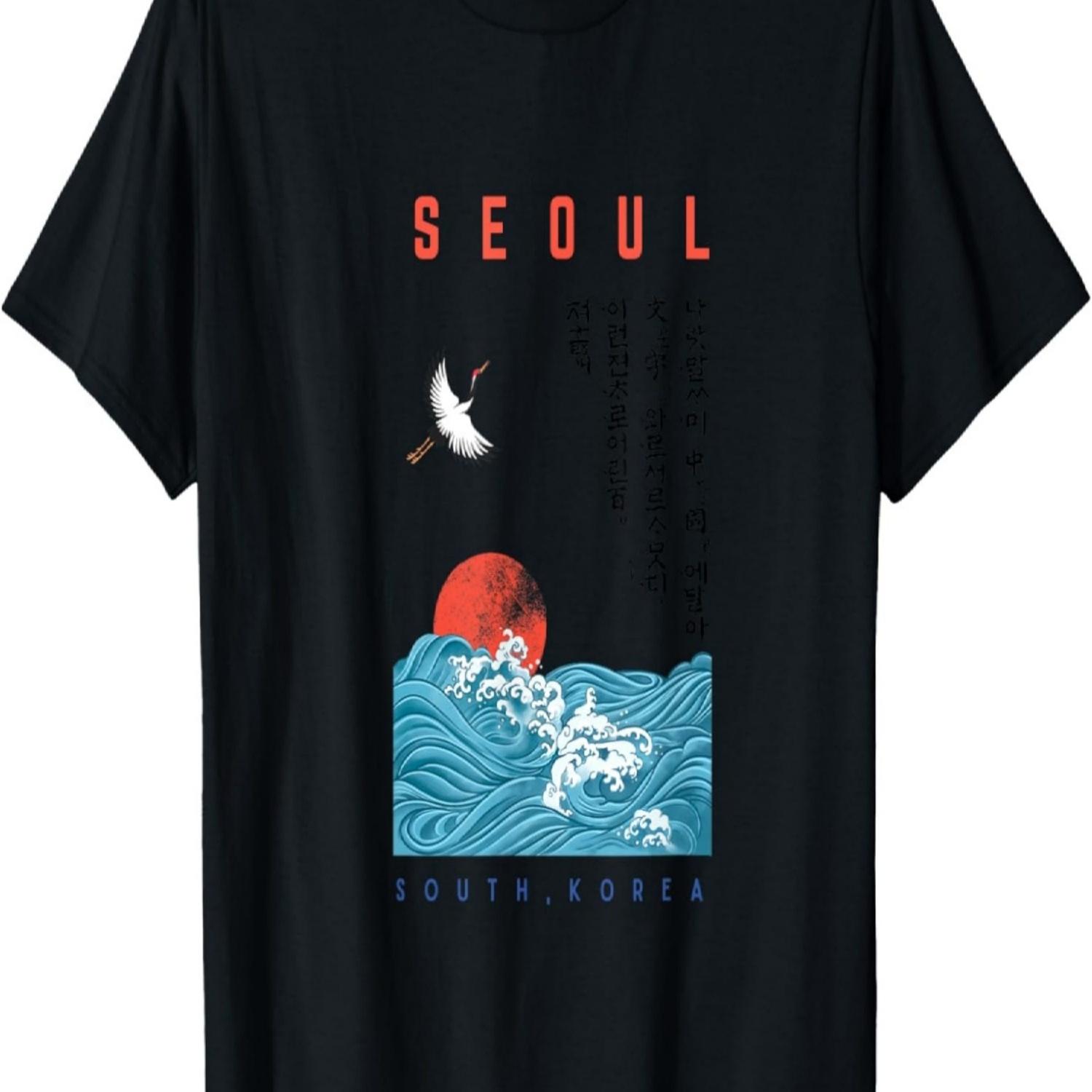 Seoul, South Korea - Crane, Wave, and Red Sun T-Shirt S