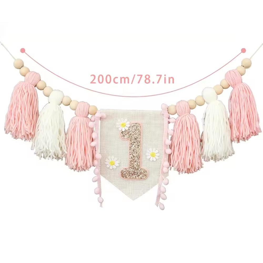1PC Baby Birthday Banner Venue Decoration, Cowboy Wood Bead Tassels, First Birthday Flag, Party Photography Props