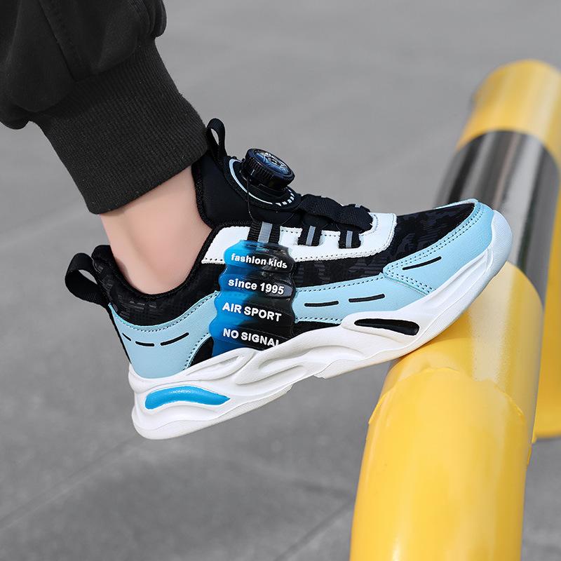 Boys Running Shoes Leather Surface Breathable Autumn Basketball Shoes Children's Sports Shoes Rotating Buckle Boys Students All-round Trendy Shoes