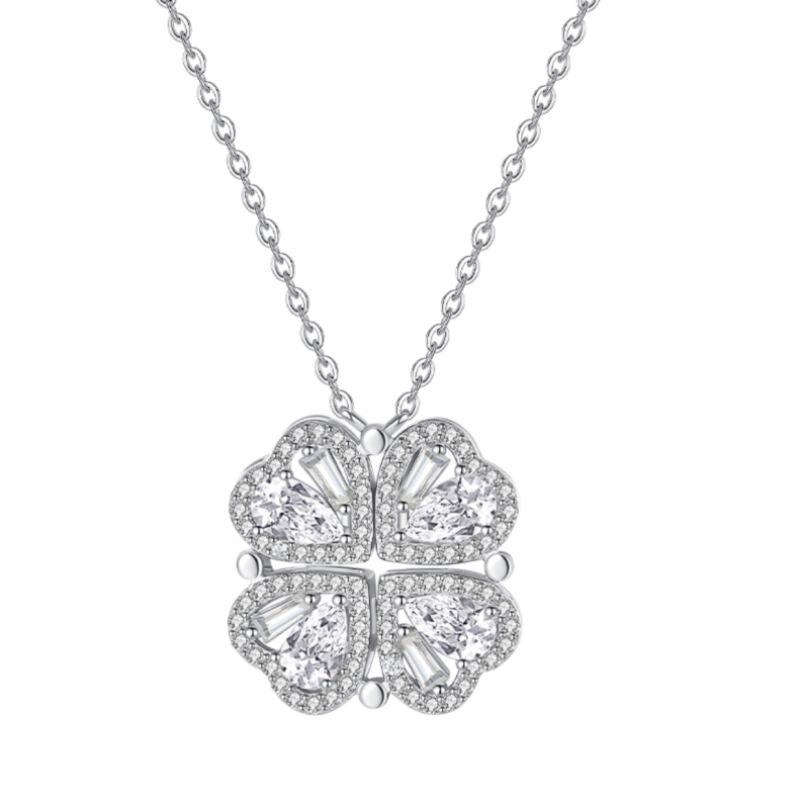 

S925 Sterling Silver Four Leaf Clover Necklace for Women , Light Heart Pendant with Cubic Zirconia , Delicate Chain 41 925 / option 1 золотий