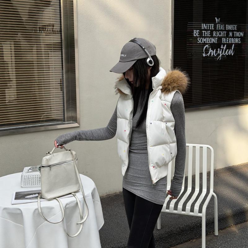 Women Hooded Fur Collar Padded Short Vest Warm Casual Autumn Winter