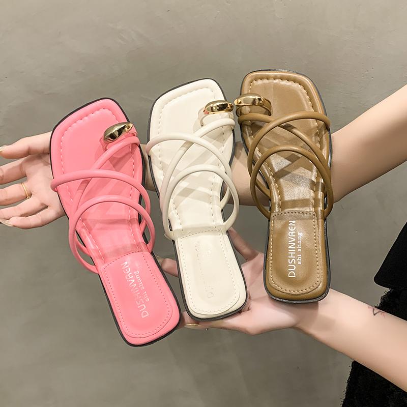 Aphixta Metalen Gesp Dec Dames Teenslippers Zomer Strand Slippers Smalle Band Schuifsandalen Snoepkleur Zoete Slippers Platte Sandalen