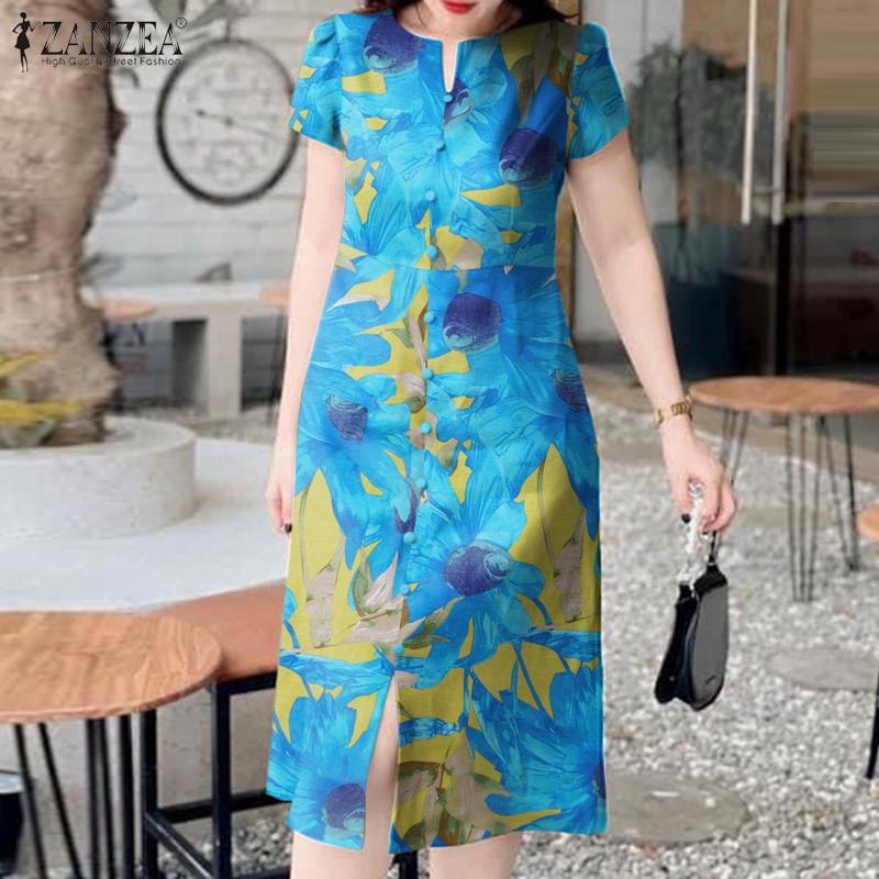 ZANZEA Women Floral Print Casual O-neck Short Sleeve Summer Dress