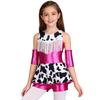 Mädchen Cowgirl Party Kostüm Metallisch Glänzendes Kleid Fransen Design auf der Brust Kreuzförmige Schulterträger Rückenfreies Oberteil mit Shorts
