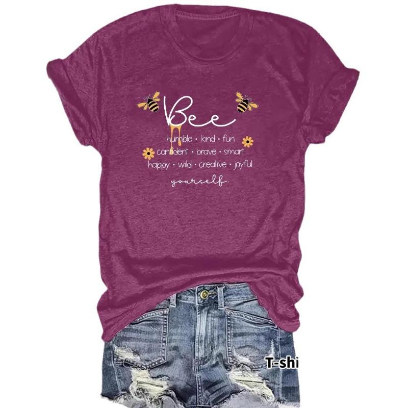 Women's Casual and Fashionable T-shirt with A Round Neck and Short Sleeves Featuring Bee and Letter Patterns