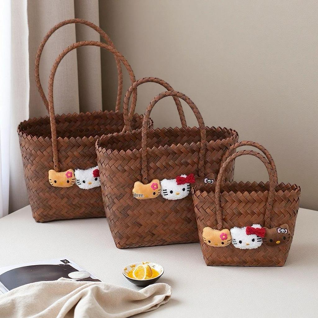 Summer 2025 Cartoon Cat Handbag - Handmade Imitation Rattan Woven Basket for Single Shoulder Use