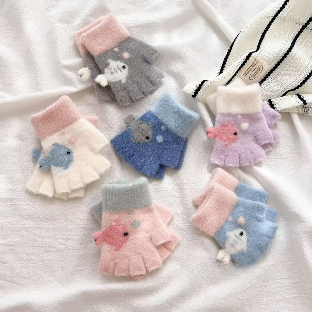 Cute Little Fish Gloves Winter Warm Baby Half Finger Cartoon Boy Minute Hand Knitted Color Blocking Gloves