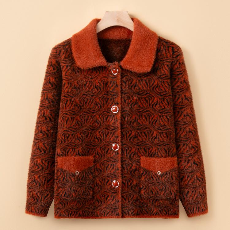 Cardigan Pull de Printemps de Grand-mère Revers Printemps Automne Âge Moyen et Personnes Âgées Mère Porte Vestes Tricotées Vêtements Âgés Plus Velours