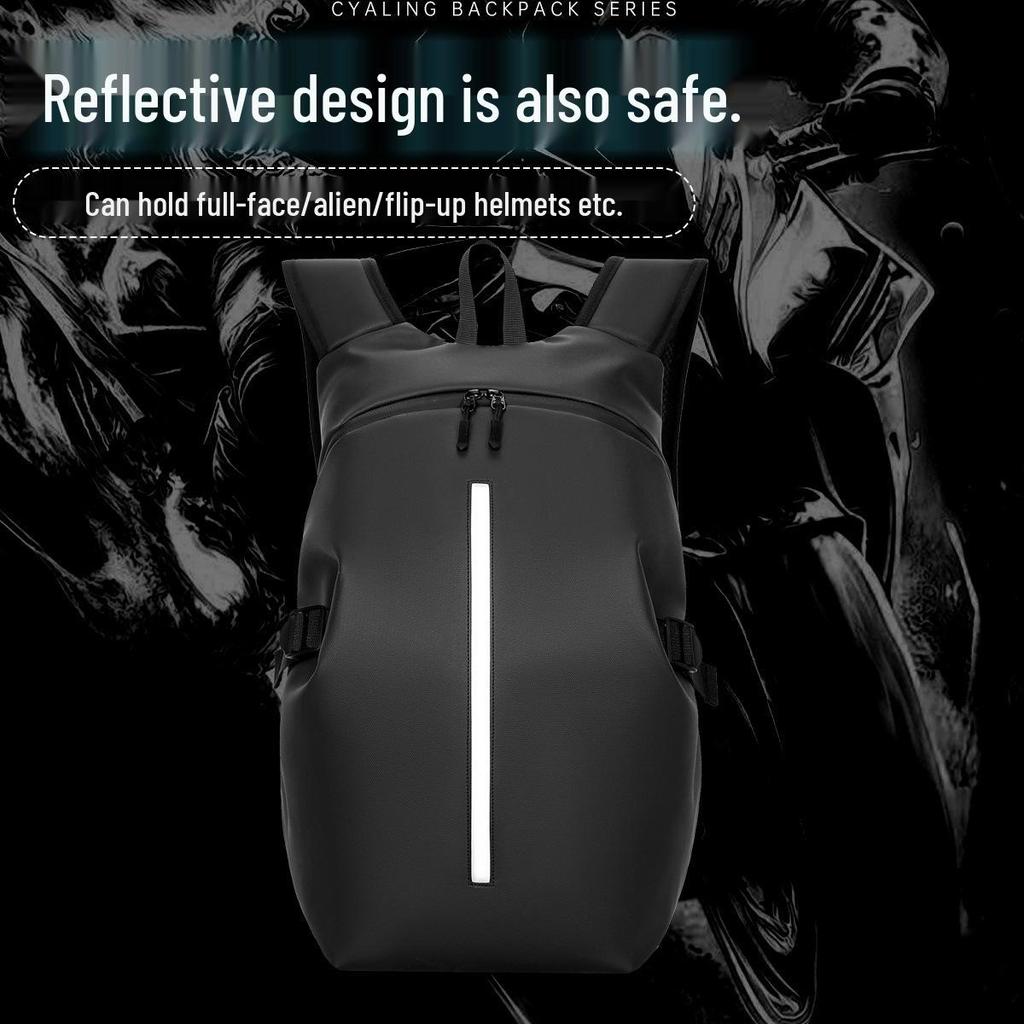 Water-Repellent Leather Motorcycle Backpack with Reflective Strips and Large Capacity